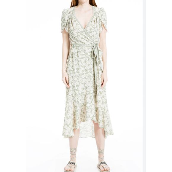 Max Studio Green Floral Ruffle Tulip Sleeve Midi Wrap Belted Dress- Med- Cottage - Picture 1 of 12